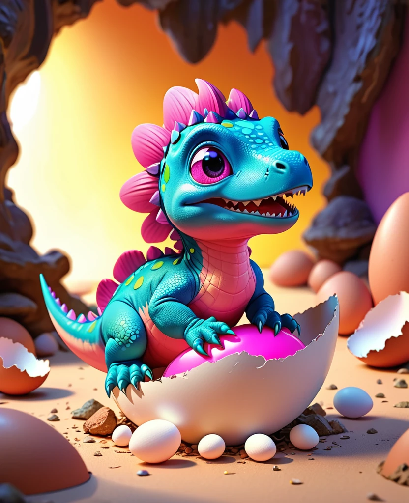 a cute pink baby dinosaur hatching from an eggshell, colorful illustration, whimsical, dynamic composition, vibrant colors, soft lighting, highly detailed, 8k, photorealistic, masterpiece