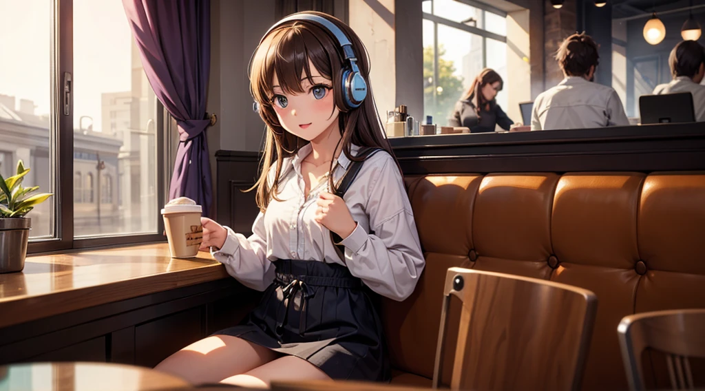 Girl with headphones enjoying music in a cafe I am studying Emphasize a little bit of the chest