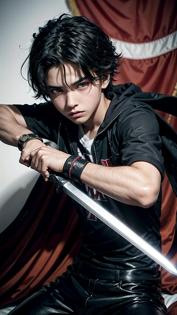hight quality15-year-old male teenager, black hair, bright scarlet eyes, hateful gaze, serious face, dark aura, sword embedded in the ground, black blade with red details, white background, looking at the viewer, style anime,