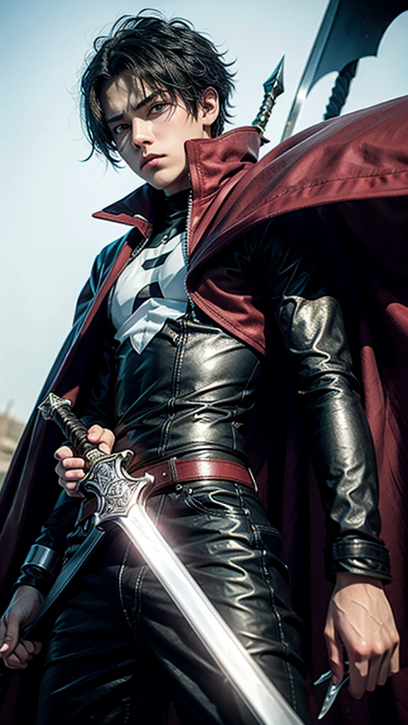 hight quality15-year-old male ager, black hair, bright scarlet eyes, hateful gaze, serious face, dark aura, sword embedded in the ground, black blade with red details, white background, looking at the viewer, style anime,