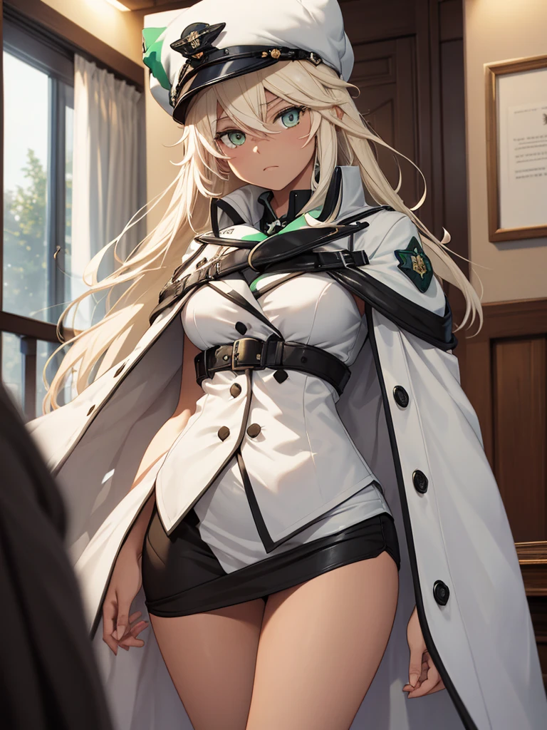 ((masterpiece)), (highest quality), (Simple style),Silver hair, super long, jade green eyes, body harness, holster belt, leg belt, white cloth panties, long dress shirt(See-through)