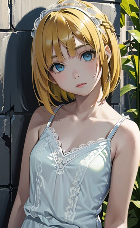 (masterpiece:1.5、Photorealistic:1.4,High Saturation:1.4、high resolution:1.4)、,(spot light:1.2、Exquisite beautiful eye:1.5,)、
(kind eyes、tareme:1.4),()、(Cute Face、Eyes in Love:1.4)、(blonde hair:1.5)、(middle hair:1.5),(sidelock :1.9),(blunt bangs:1.3),(1 girl)、(aqua eyes:1.2)、(upper body:1.5)、(clear face:1.5),(stand)、(Leaning against a wall:1.3)、(head tilt) ,(),(flat chest),(),(white lace camisole:1.5),(),(Abandoned city overrun by plants:1.5)、()、()、Slim Body(),Shiny Hair、girl、
