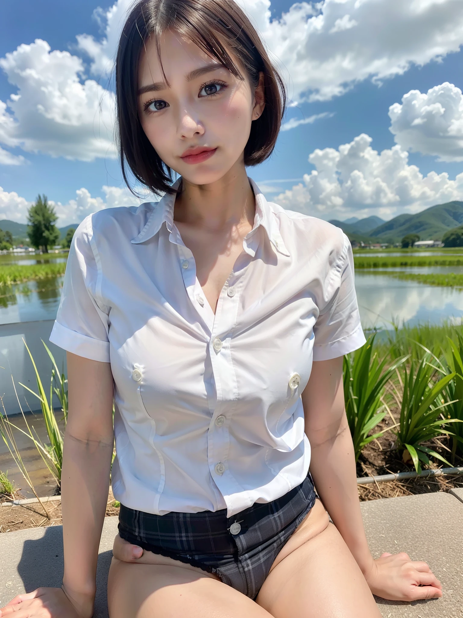 ((Best of the highest quality, 8k, Masterpiece, raw photo: 1.2)), (Sharp focus: 1.2), (1 AESPA, slim body type female, 21 y/o: 1.1), (Solo: 1.28), (realistic, photo-realistic:1.37), face focus, cute face, finely eyes, (droopy eyes: 1.32), (Emphasize prominent aegyo-sal with bright: 1.2), shimmering eyeshadow applied under the lower lash line, paired with thick, (small breasts, flat chest, Thigh: 1.3), (short hair: 1.28), (wearing button down business shirt, panties: 1.32), sitting on rice field, paddy field, flower, (from below: 1.12)