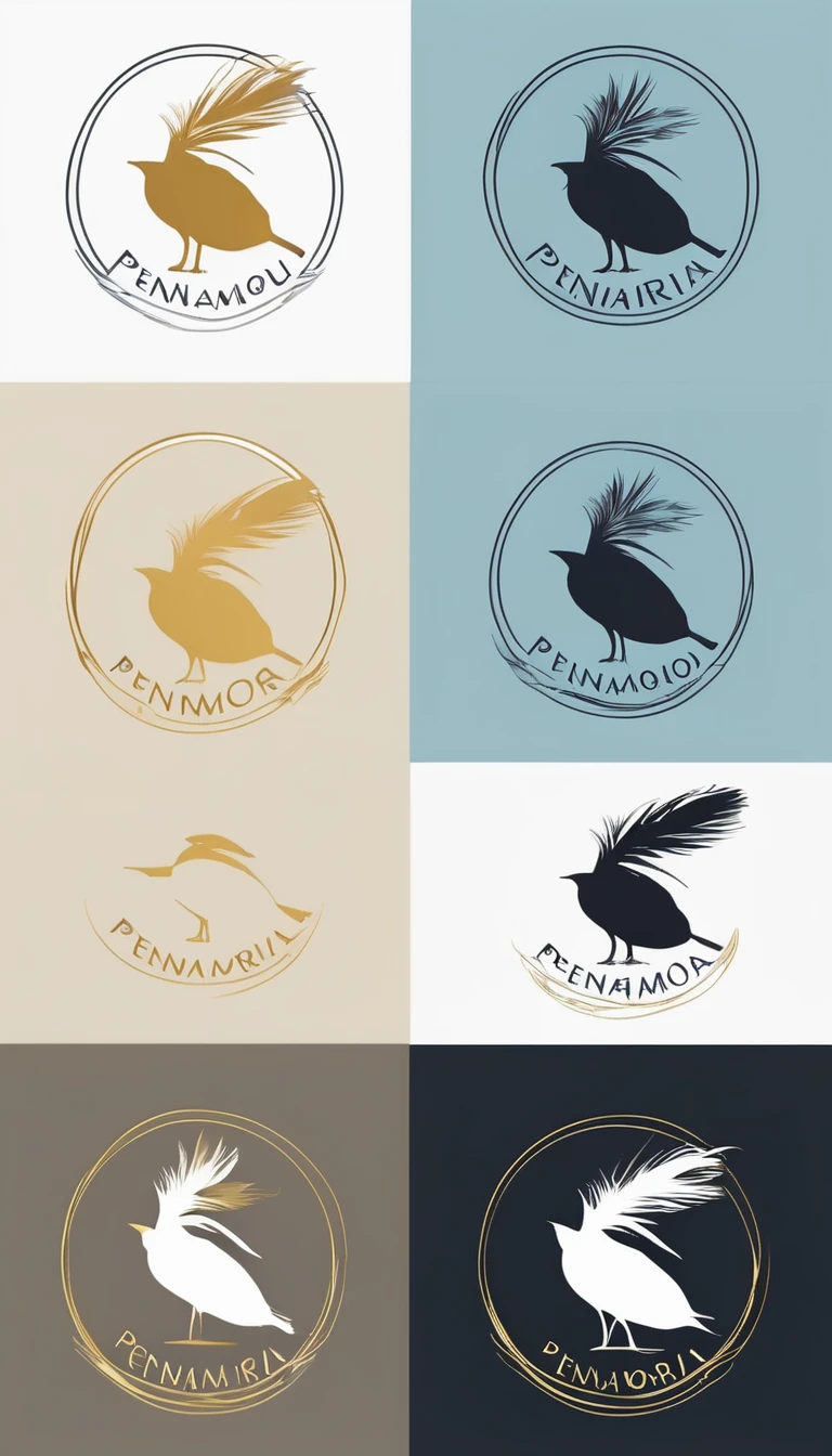 A minimal, modern, simple, cinematic logo design for the brand “Penamemoria". The logo design must be a simple, silhouette of a boy, standing up, playing acoustic guitar and fantasy feather by his side. The logo must convey a sense of music, stories, memories and dreams. Logo design impressed on a book cover. Minimalistic logo. Light blue, white and soft golden as colors for the logo design