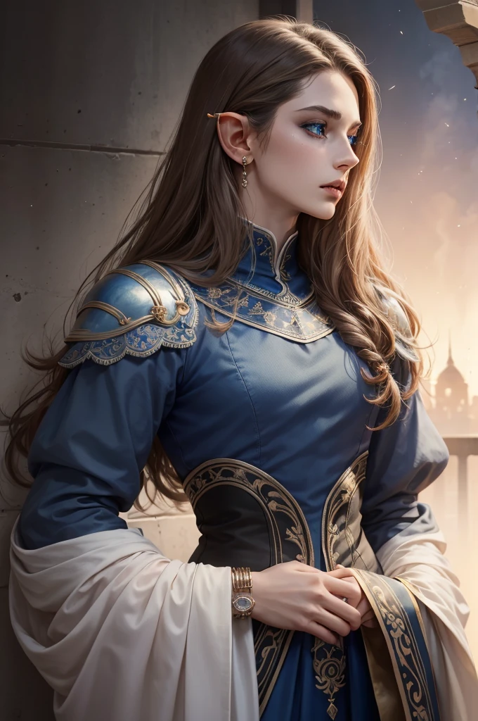 (masterpiece:1.2, best quality), (exquisite eyes: 1.2), ((solo)), (blue eyes:1.4), (exquisite eyes and exquisite face:1.3), ( beautiful and clear background: 1.2), (extremely detailed CG, super detailed, best shadows: 1.1), ((depth of field)), ((watercolor)), Beautiful Concept Art, (dark Background: 0.5), (Illustration: 1.1), (Extremely Delicate: 1.1), (Perfect Details: 1.1), Profile, long hair ,light brown hair,, solo,male, elf ears, ear piercings , black armor, full sleeves, black clothes,Fulllength, angry, bright halo, strong, angel