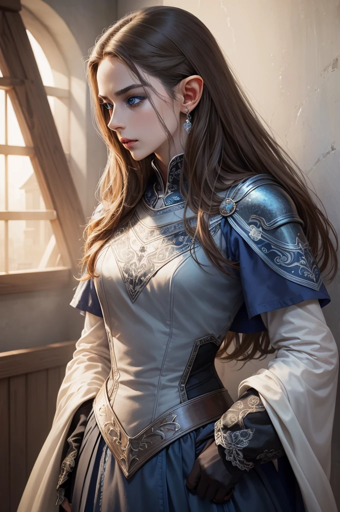 (masterpiece:1.2, best quality), (exquisite eyes: 1.2), ((solo)), (blue eyes:1.4), (exquisite eyes and exquisite face:1.3), ( beautiful and clear background: 1.2), (extremely detailed CG, super detailed, best shadows: 1.1), ((depth of field)), ((watercolor)), Beautiful Concept Art, (dark Background: 0.5), (Illustration: 1.1), (Extremely Delicate: 1.1), (Perfect Details: 1.1), Profile, long hair ,light brown hair,, solo,male, elf ears, ear piercings , black armor, full sleeves, black clothes,Fulllength, angry, bright halo, strong, angel