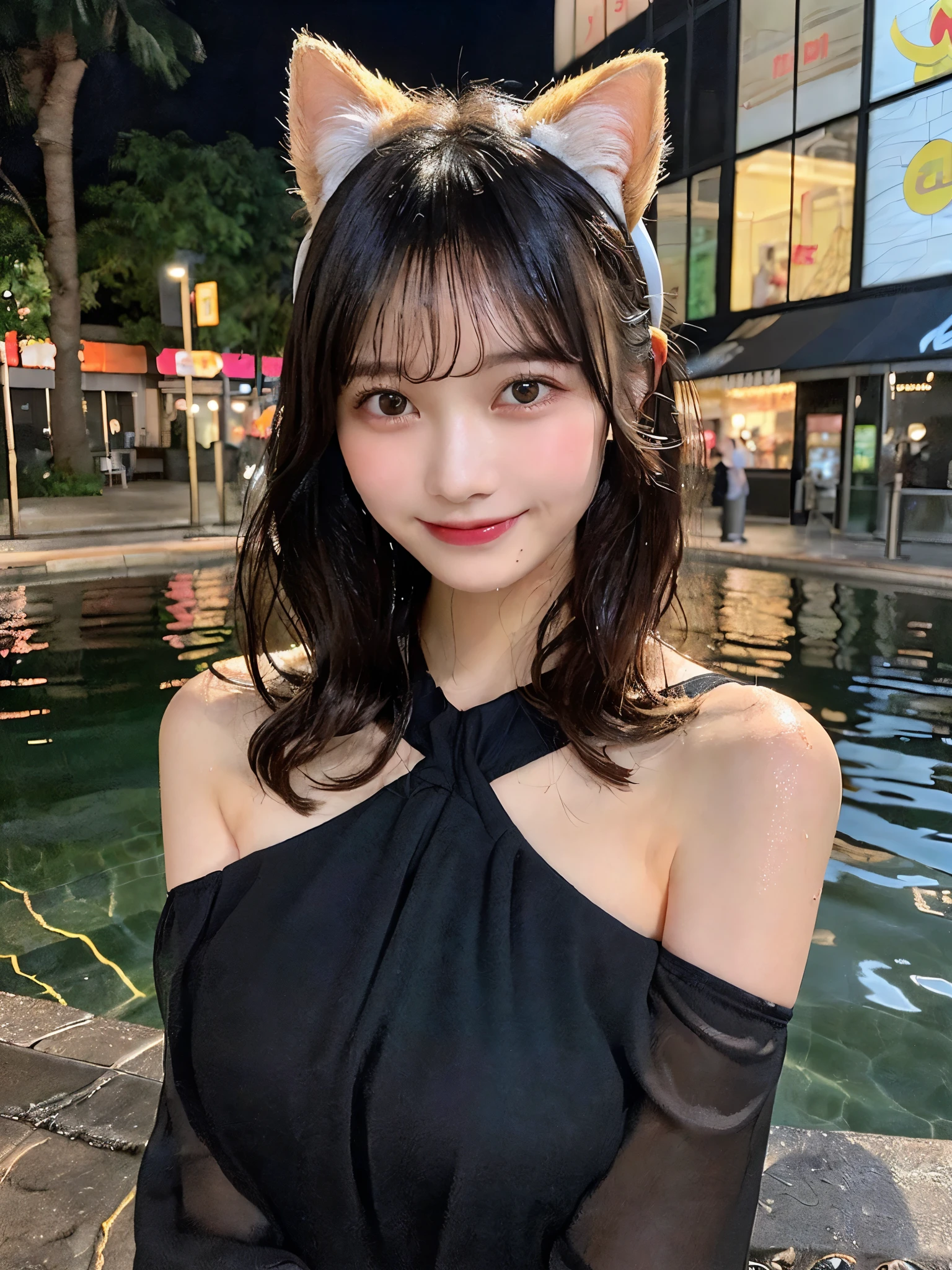 ((Night in the City、Highest quality、masterpiece、High resolution))、(((Zoom photo of upper body、Wet body、Wet Hair)))、(A shy smile:1.2)、15-year-old female、Beautiful Skin、Beautiful Eyes、Large Breasts、Cat Ear Headband、Black Dress、Black Hair、Wavy Hair、Shorn bangs