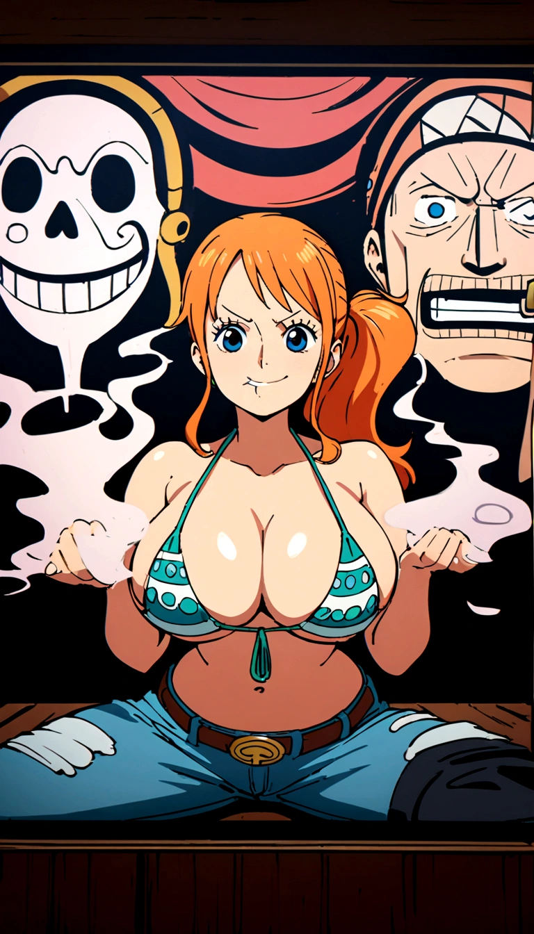 a cartoon picture of a woman in a bikini top and jeans, nami one piece, nami from one piece, nami, beautiful portrait of nami, from one piece, oppai, blue eyes, smoking, ponytail
