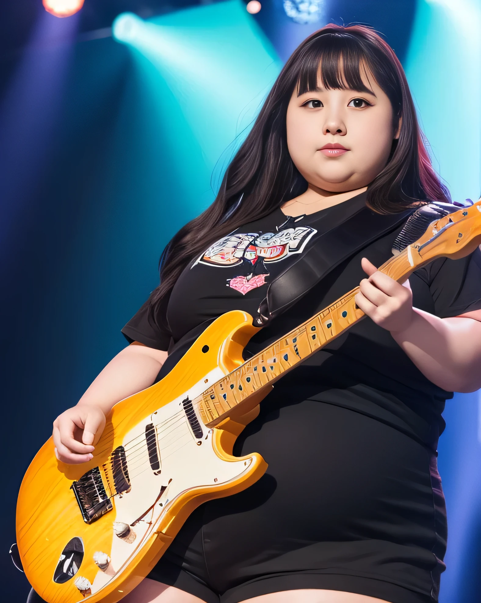 ((8K)), highest quality, 超High resolution, (Surreal)、(High resolution), 1 girl, idol, ((idol clothing)), ((Electric guitar)), Overweight, extremely fat, ((Chubby)), on stage