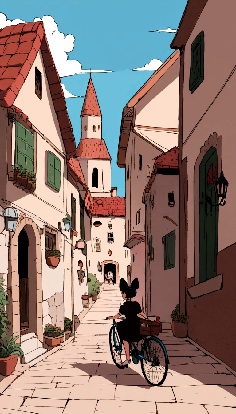 Fantasy painting,Kiki's Delivery Service,A girl flying in the sky on a bicycle,Back view,Ghibli style,Croatian residential area