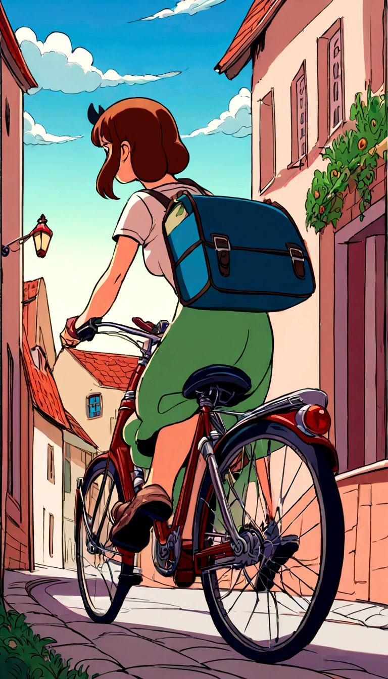 Fantasy painting，Kiki's Delivery Service,A girl flying in the sky on a bicycle,Back view，Ghibli style,Croatian residential area