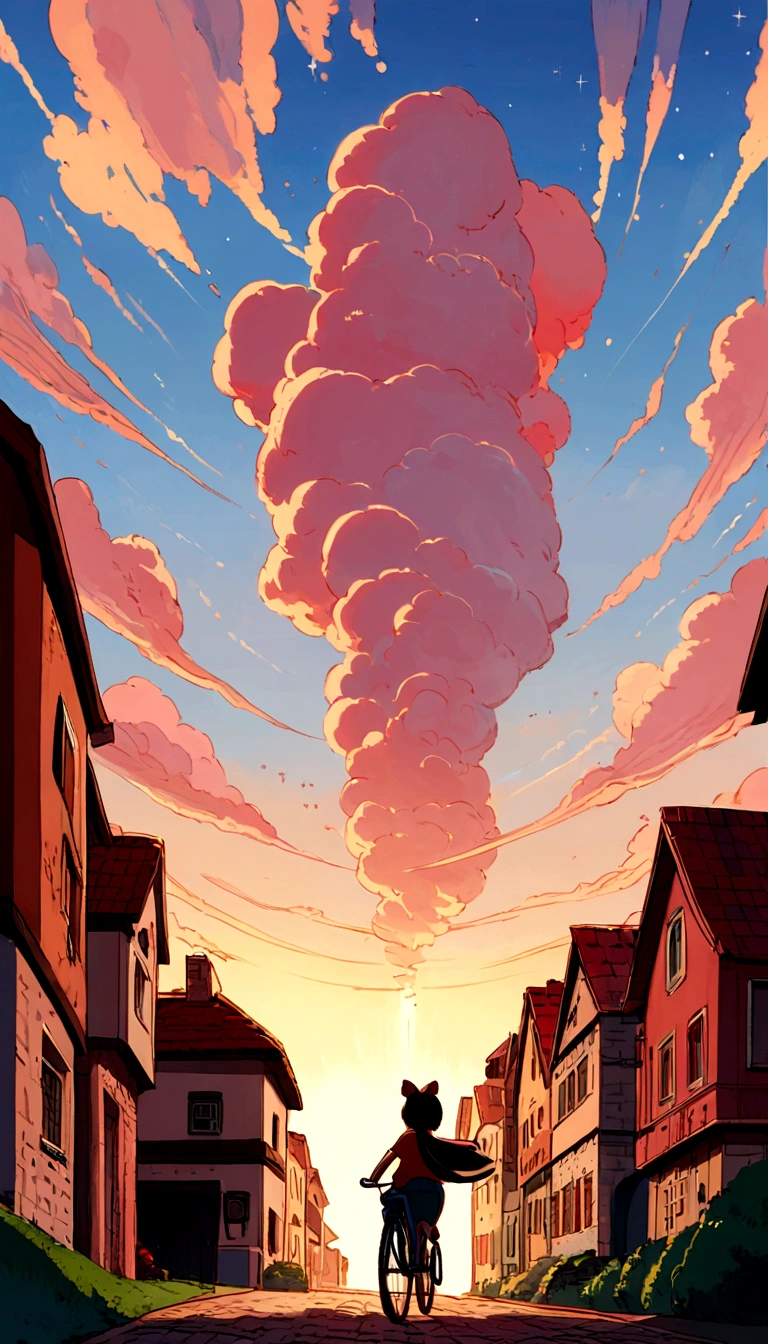 Fantasy painting,Kiki's Delivery Service,A girl flying in the sky on a bicycle,Back view,Ghibli style,Croatian residential area