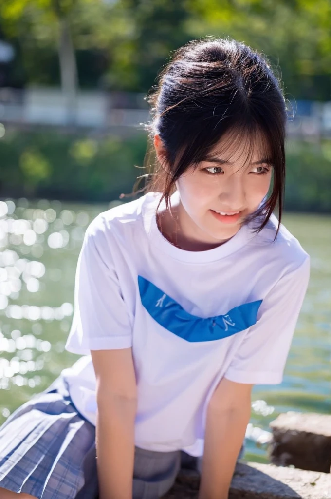 NSFW,Girl playing in the river,high school student,Japanese,(Sheer white T-shirt, uniform),17 years old, black hair ,no good