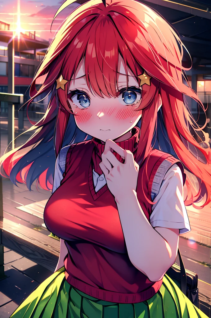 itsukinakano, itsuki nakano, bangs, blue eyes, Hair between the eyes, Ahoge, Redhead, star \(symbol\), hair ornaments, star hair ornaments,Tears stream down her face,Tears of joy,I cry a lot,blush,
skirt, shirt , clavicle, white shirt, Short sleeve, Pleated skirt, socks, collared shirt, mini skirt, Knee-high, white socks, (Green Skirt:1.5), (red sweater vest:1.5),Black Loafers,Sunset,evening,The sun is setting,whole bodyがイラストに入るように,
break outdoors, Back of the school building,
break looking at viewer, whole body,(Cowboy Shot:1. 5)
break (masterpiece:1.2), Highest quality, High resolution, unity 8k wallpaper, (figure:0.8), (Beautiful attention to detail:1.6), Highly detailed face, Perfect lighting, Highly detailed CG, (Perfect hands, Perfect Anatomy),