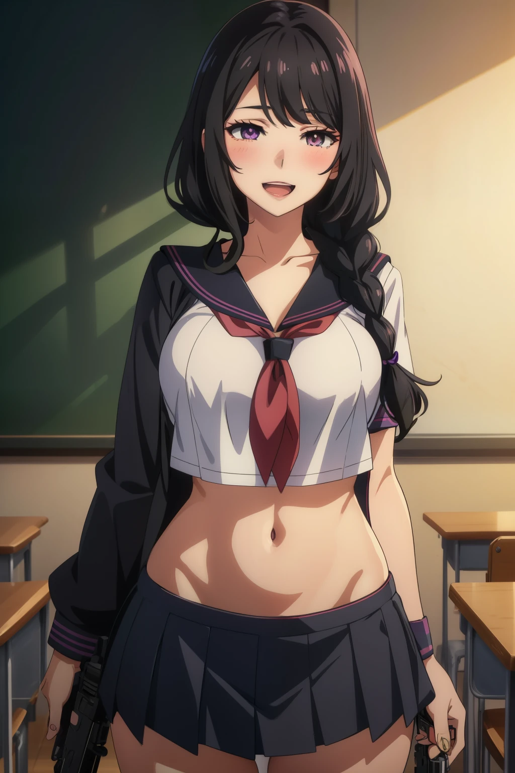 1girl,bangs,purple eyes,braid,mature female,makeup,eyelashes,hair over shoulder,black hair,large breasts, blush, lipstick, masterpiece, best quality, highly detailed, a anime girls in sailor uniforms with a gun posing for a picture,
evil smile, smile, open mouth,black_serafuku, ecchi anime style, anime girls ,
ecchi style, ecchi, shipgirls, digital anime art!!, high school girls, holding a gun, hold a gun, anime style 4
k, micro skirt, exposed belly, exposed navel, exposed midriff,
exposed lower belly,school, classroom, 