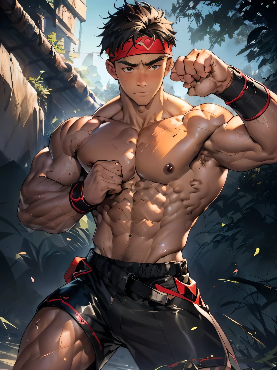(Masterpiece, Best quality 18 year old boy, black background, cowboy shot), solo, Young, boy, muscler, Shirtless, topless, (Dark Short straight hair, ((almost completely shaved hair)), under cut, brown eyes), (red headband, ((leather fingerless grobe, black wristband))), ((hot Abs:1.2, big breast:1.2, upper arms, ((jacked muscle, beautiful musculature, aesthetic striations, inspirational physique, lean muscle, square pecs, beautiful v-taper, great abs and torso, chiseled abs, chiseled pecs))), Vivid colors, (aura power:1.4), detailed face, detailed muscle, (((A magical mystical aura, rippling muscles, struggle, ready to fight, male focus, martial arts stance)))