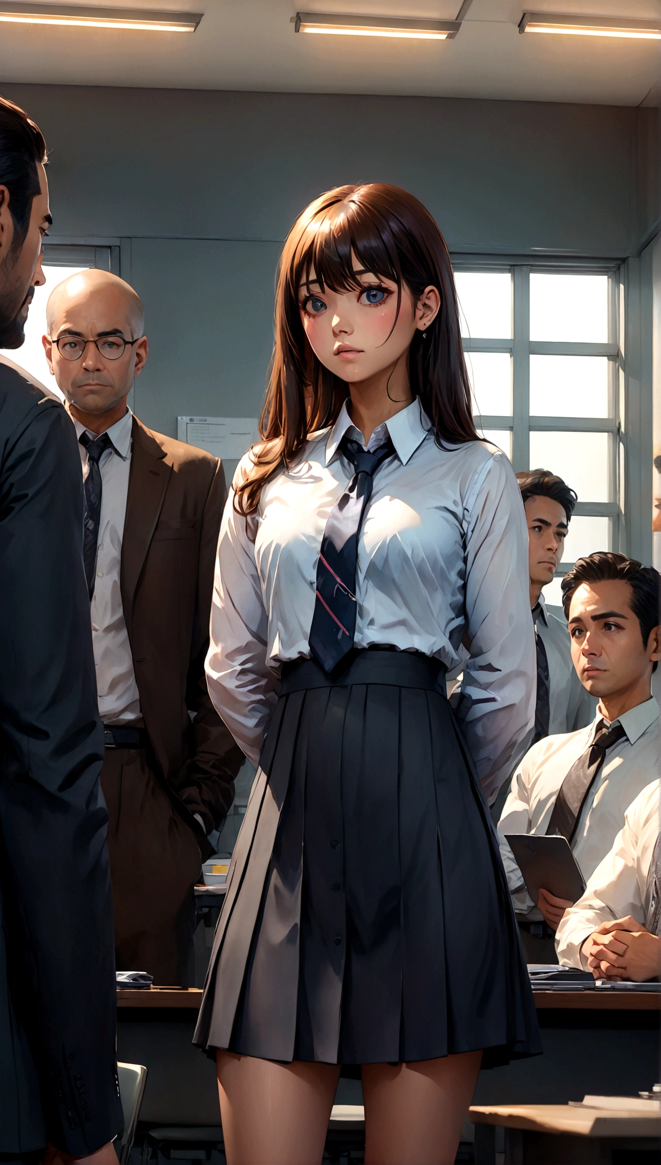 Ultra-high-resolution 8K portrait of a hyper-realistic J-POP styled office meeting scene with a beautiful woman looking disappointed as someone else speaks before her, extremely detailed, cinematic composition, trending on ArtStation