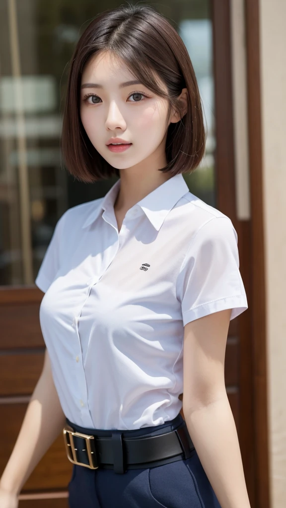 Close-up of a woman wearing a blue shirt and black belt, Short hair, gorgeous young Korean women, beautiful south Korean women, beautiful young Korean women, beautiful Asian Girl, Korean Girls, Japanese Model, Korean women, young Asian Girl, wearing Tight shirt, 美しいAsian Woman, Asian Girl, Tight shirt, Attractive girl, Asian Woman, Cute young woman