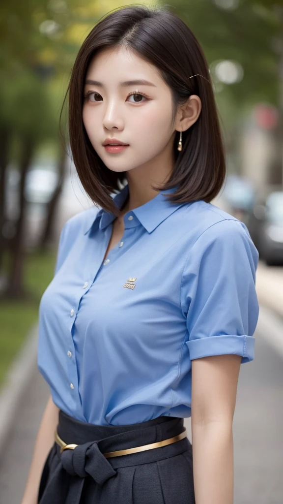 Close-up of a woman wearing a blue shirt and black belt, Short hair, gorgeous young Korean women, beautiful south Korean women, beautiful young Korean women, beautiful Asian Girl, Korean Girls, Japanese Model, Korean women, young Asian Girl, wearing Tight shirt, 美しいAsian Woman, Asian Girl, Tight shirt, Attractive girl, Asian Woman, Cute young woman