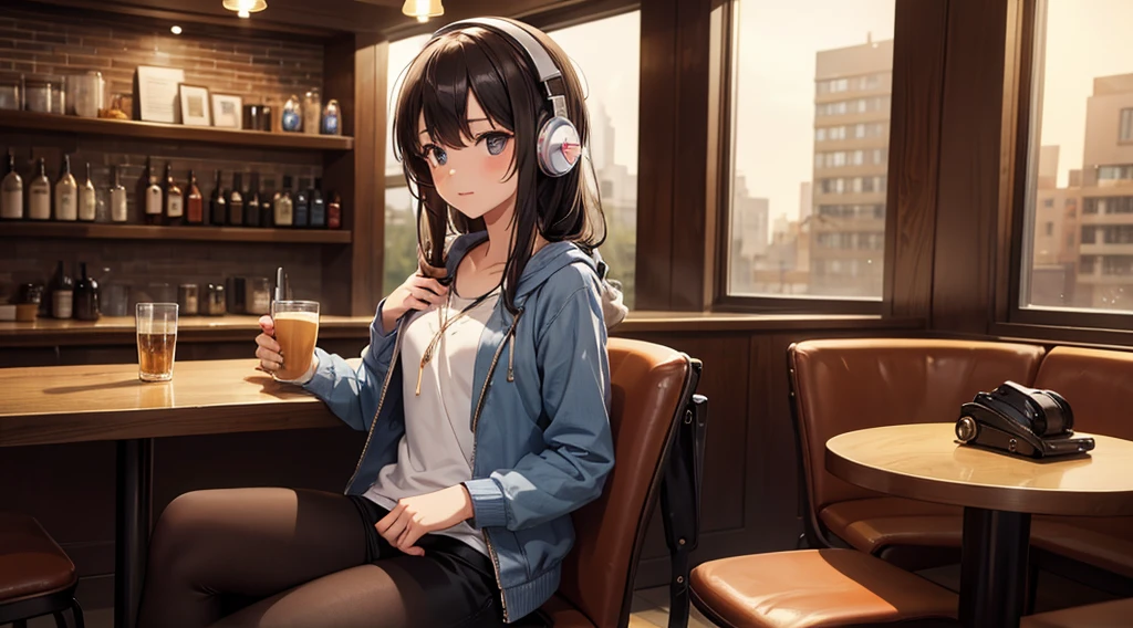 Girl with headphones enjoying music in a cafe I am studying Emphasize a little bit of the chest