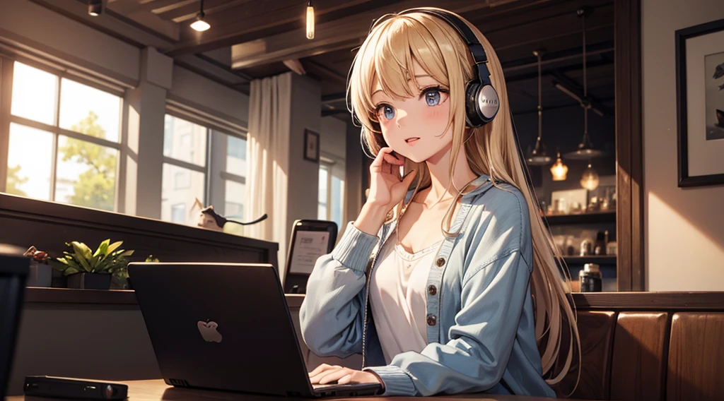 Girl with headphones enjoying music in a cafe　I am studying　Emphasize a little bit of the chest