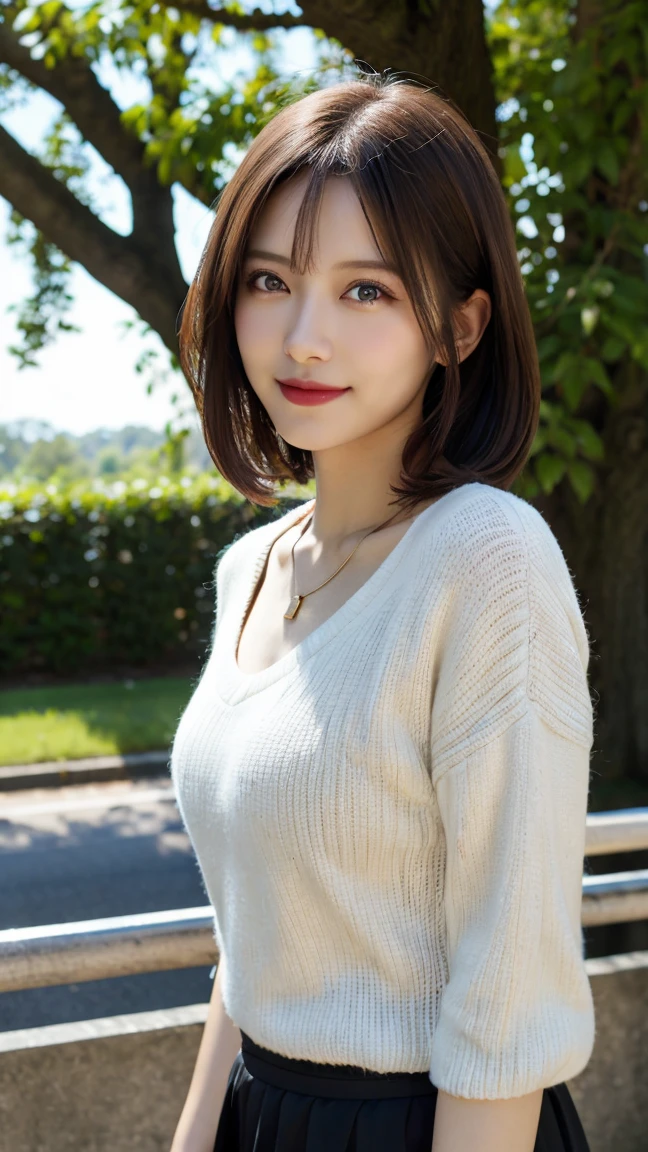 highest quality, masterpiece, 8K, ultra high resolution, (realistic: 1.4), beautiful face, symmetrical eyes, European, white hair, smile, wearing makeup, high-definition images, atmospheric perspective, super detail, accurate, best quality, an European lady, drooping eyes, sleepy face, blush, in parl, lush trees, skirt, high boots, necklace, dayscene