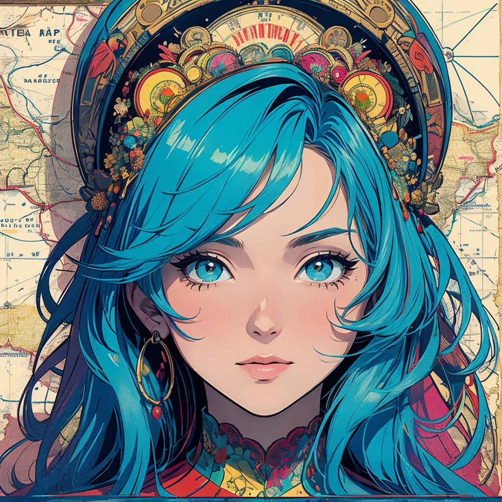 (masterpiece, Highest quality), 32k,(Highly detailed beautiful woman), Poster,sf,1960s,1970s,Bauhaus, shape, got it, Abstract, Advertising,movie Poster, Vintage,Retro,Futuristic,anime,(The ultimate map),highlight,extremely detailed rainbow-colored eyes,clock,