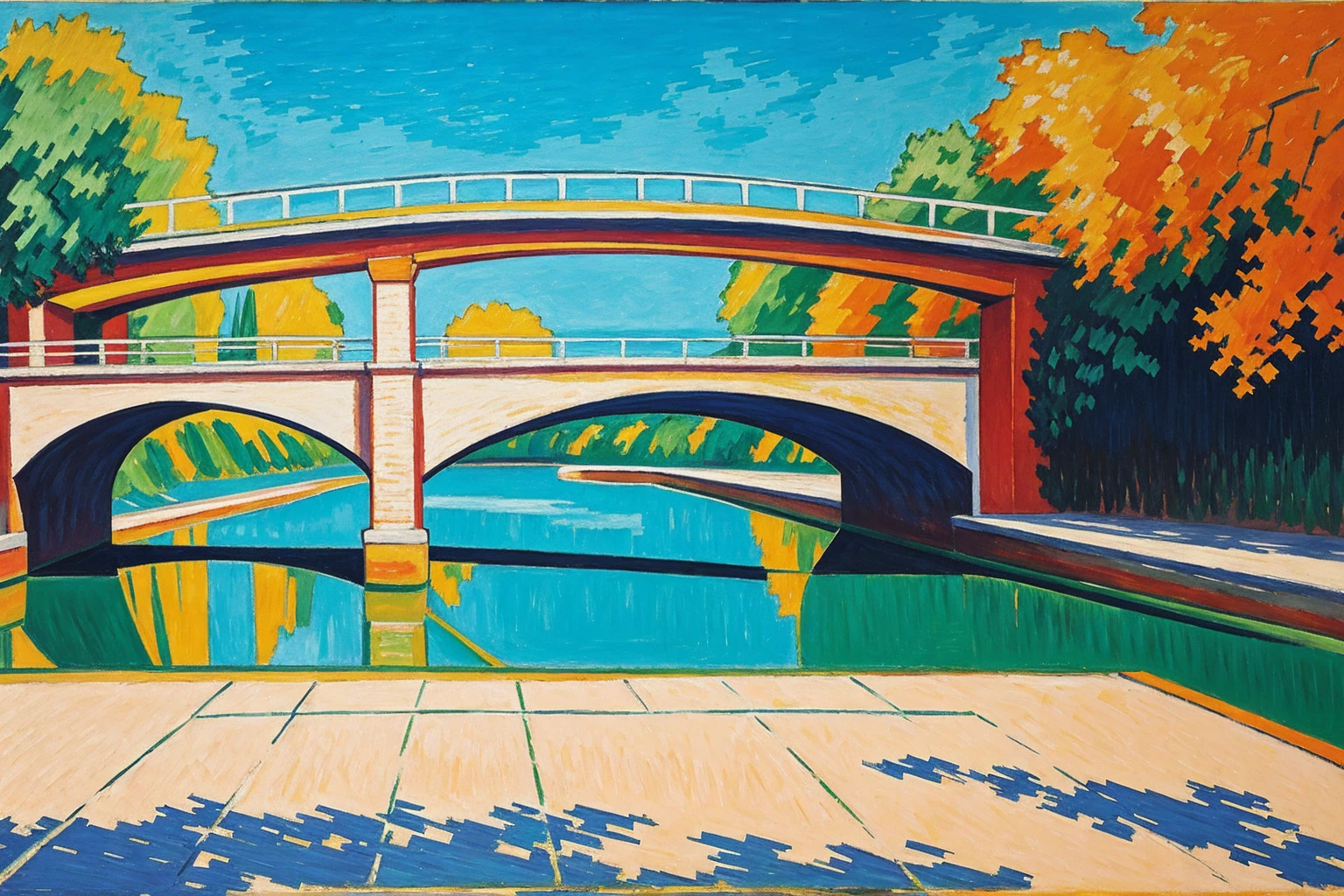 Fauvism style oil painting of a bridge on a river, vivid colors, plain and flat designs as painted by Henry Matisse fauvism paintings, liubai, minimalism, white_background, abstract
