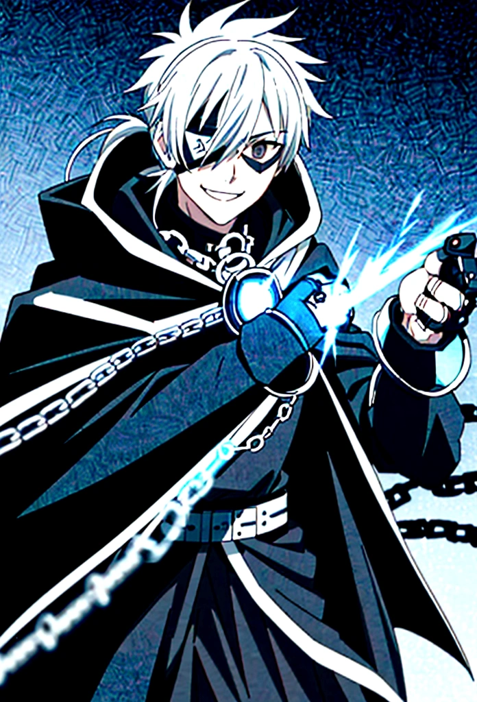 a man, young 20 years old, cold look, smiling fiercely, white teeth, messy short gray hair, ponytail, black eyes, left eye patch, black clothes, dark cape with hood, chains. frontal camera. White and black lightning overflowing from the right arm, iris of the right eye glowing white.