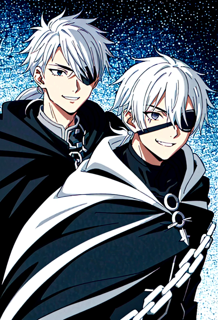 a man, young 20 years old, cold look, smiling fiercely, white teeth, messy short gray hair, ponytail, black eyes, left eye patch, black clothes, dark cape with hood, chains. frontal camera. White and black lightning overflowing from the right arm, iris of the right eye glowing white.