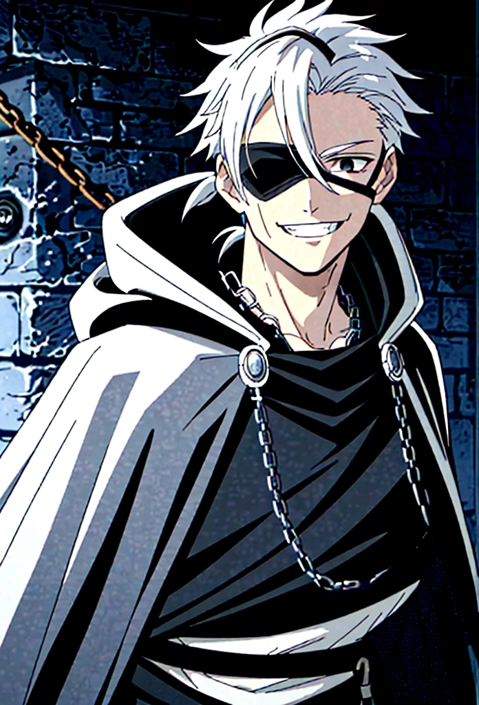 a man, young 20 years old, cold look, smiling fiercely, white teeth, messy short gray hair, ponytail, black eyes, left eye patch, black clothes, dark cape with hood, chains. frontal camera. White and black lightning overflowing from the right arm, iris of the right eye glowing white.
