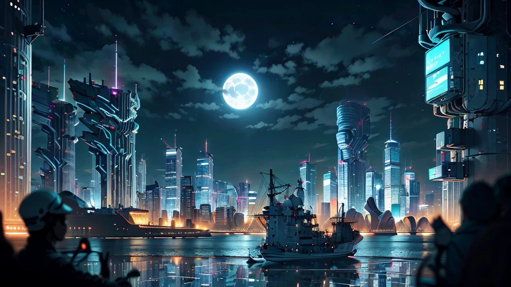 CircuitBoardAI skyscraper, (1woman, solo, large-breast slim body, cleavage), photorealistic, nighttime, neon, moon, dark clouds, no stars, sci-fi, hitech building, futurism, detailed, high resolution.
