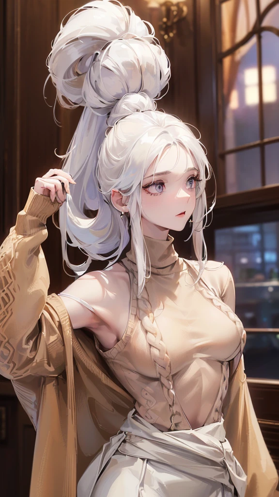 Photograph of the upper body of a beautiful woman, , [see through](brown sweater:1.47),(white shirt:1.47),(light brown skirt), big breasts, (small waist, perfect body curves), earring, Sharp focus, (tall body, mature woman), ((Looking ahead)), (Highly detailed skin, hair follicles:1.4) (long white hair),(purple eyes)