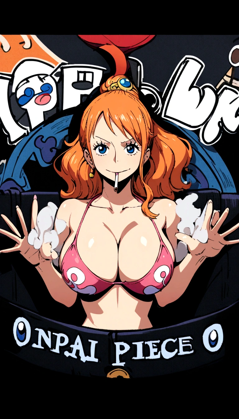 a cartoon picture of a woman in a bikini top and jeans, nami one piece, nami from one piece, nami, beautiful portrait of nami, from one piece, oppai, blue eyes, smoking, ponytail