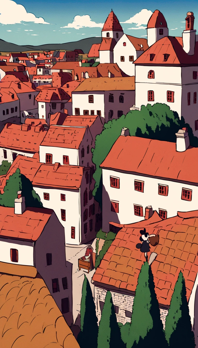 Fantasy painting，Kiki&#39;s Delivery Service,A girl flying through the sky on a broom,Back view，Ghibli style,Croatian residential area