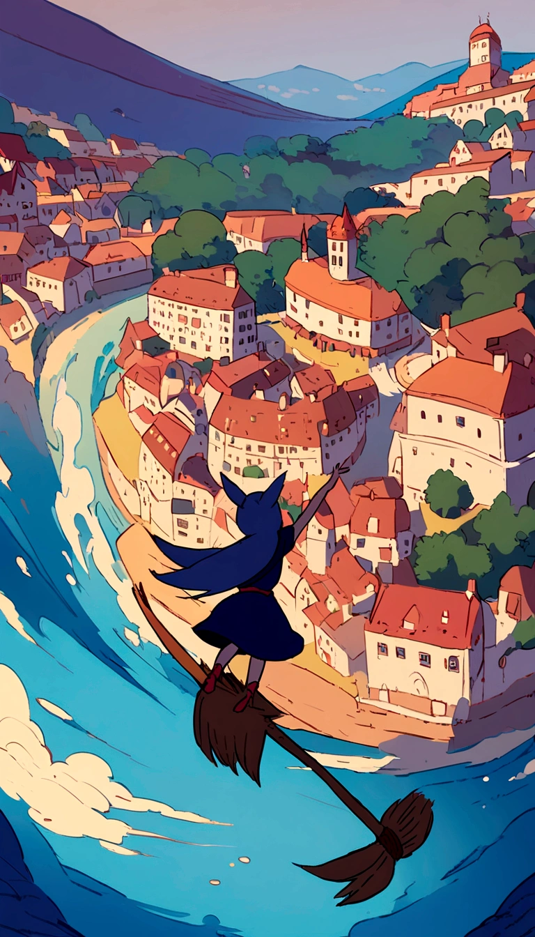 Fantasy painting,Kiki's Delivery Service,A girl flying through the sky on a broom,Back view,Ghibli style,Croatian residential area
