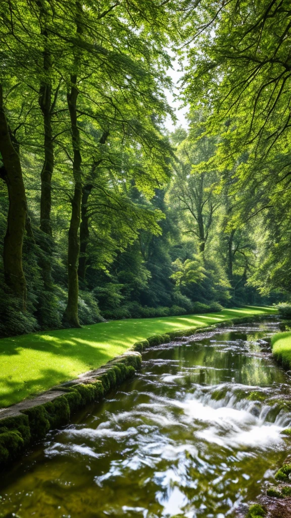 tmasterpiece,super detailing,best qualtiy,Perfectcomposition,A high resolution,Natural soft light,Photographic realism style,SLR shooting effect,8K。Summer woods,A big tree by the stream,lawns,sonoko,benches,Woods in the distance,Sunny breeze