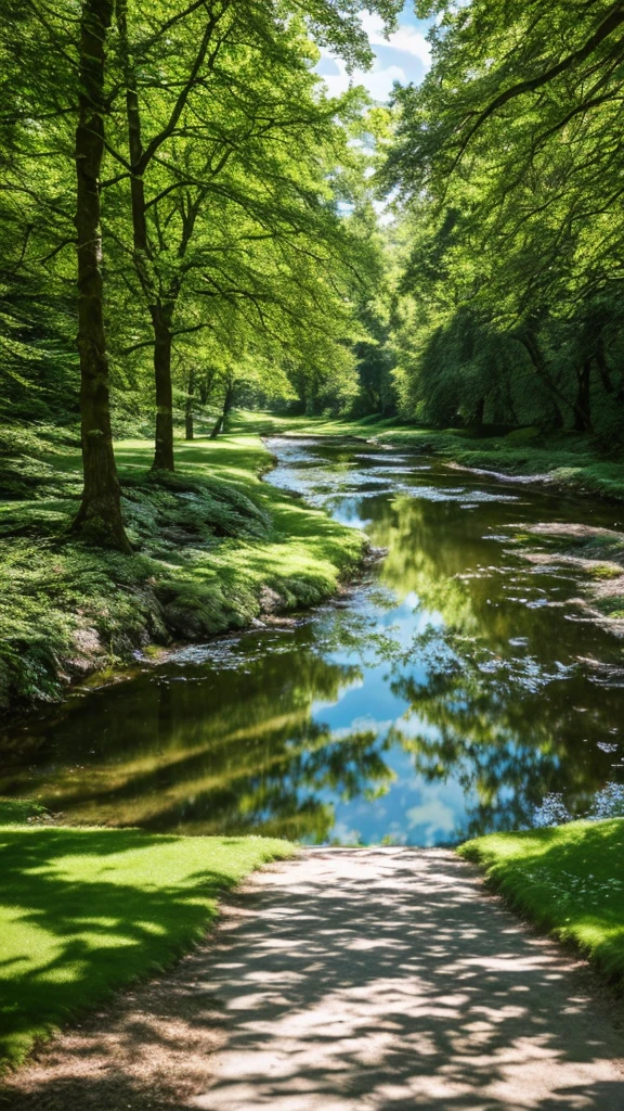 tmasterpiece，super detailing，best qualtiy，Perfectcomposition，A high resolution，Natural soft light，Photographic realism style，SLR shooting effect，8K。Summer woods，A big tree by the stream，lawns，sonoko，benches，Woods in the distance，Sunny breeze