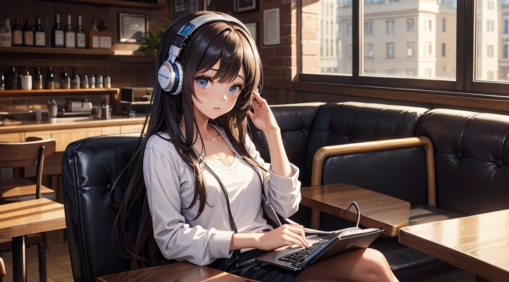 Girl with headphones enjoying music in a cafe I am studying Emphasize a little bit of the chest