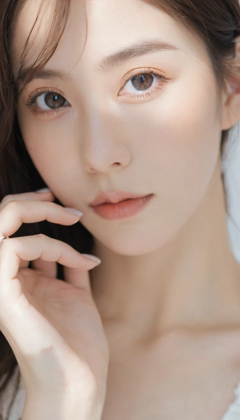 xxmixgirl, Analog Style, Eye focus, Highest quality, (Very detailed skin), Exquisitely beautiful white skin photos, 21 years old, Perfect Face, Captivating eyes, (Seductive makeup: 1.3), Skin pores, (Bokeh:1.5), Sharp focus, Dappled Lighting, (Backlight), Film Grain, (Very detailed, Exquisitely crafted), 8K, High resolution, Front view, Studio Light, Very detailed顔, Fine grain, (double eyelid: 1.4), Aristogle, Brown eyes, (commercial: 1.6), (Natural Makeup), ((White studio background: 2))、Summery white fashion、