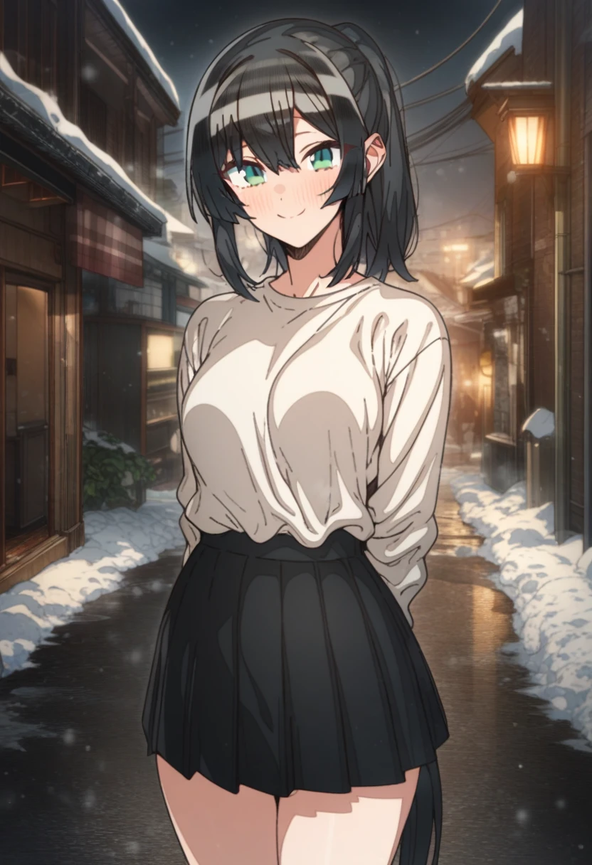 1girl, erere, solo, official art, black hair, green eyes, smile, attractive, looking at viewer, pony tail, side bangs, medium breasts, black pleated skirt, white shirt, hands behind back, raised eyebrows, expressive, smile, outdoors, scenery, best quality, masterpiece, (very aesthetic, best quality, ultra detailed), light particles, snow, moonlight, street, blush