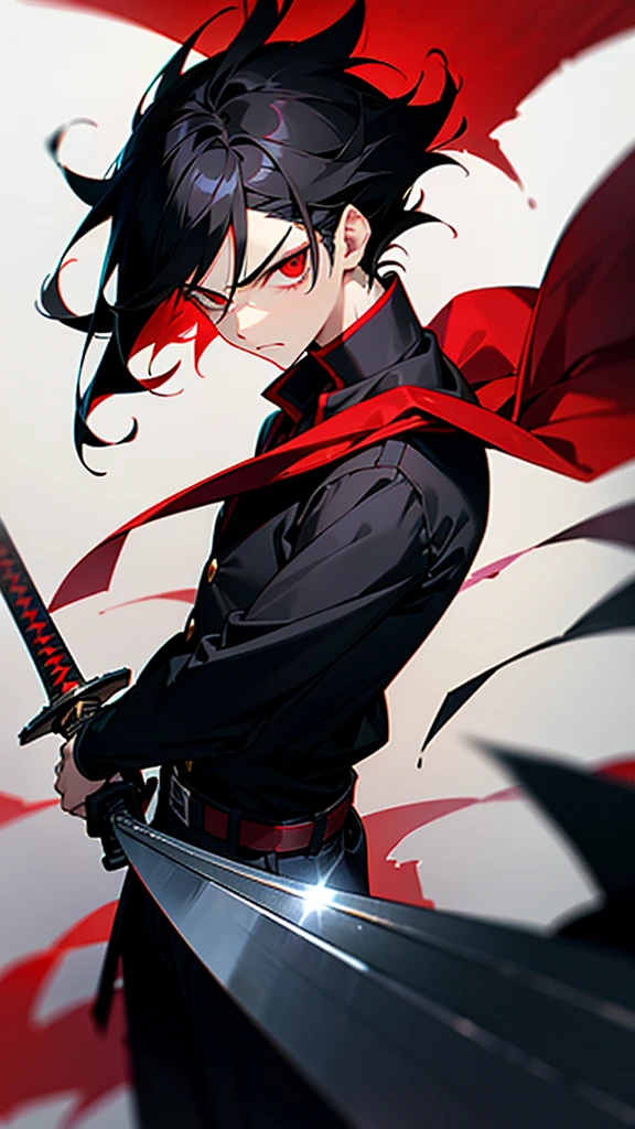 hight quality15--old e teenager, black hair, bright scarlet eyes, hateful gaze, serious face, dark aura, sword embedded in the ground, black blade with red details, white background, looking at the viewer, style anime,