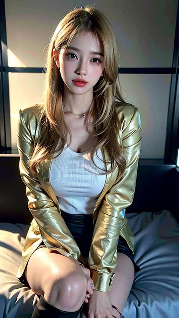 (8k, RAW photo, photorealistic:1.25) ,( lipgloss, eyelashes, gloss-face, glossy skin, best quality, ultra highres, depth of field, chromatic aberration, caustics, Broad lighting, natural shading, knee boots,short skirt,blazer suit,Kpop idol,blonde hari) standing ,whole body ,looking at viewer with a serene and goddess-like happiness