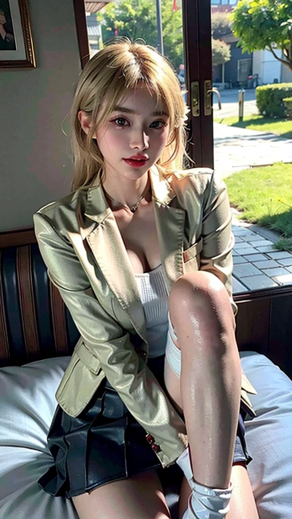 (8k, RAW photo, photorealistic:1.25) ,( lipgloss, eyelashes, gloss-face, glossy skin, best quality, ultra highres, depth of field, chromatic aberration, caustics, Broad lighting, natural shading, knee boots,short skirt,blazer suit,Kpop idol,blonde hari) standing ,whole body ,looking at viewer with a serene and goddess-like happiness