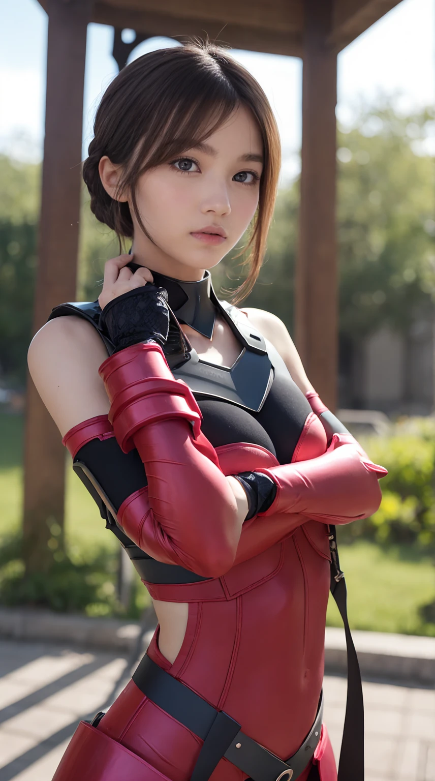 Lapisfe, One girl, alone, View your viewers, blush, bangs, gloves, Upper Body, Braiding, hair band, Outdoor, Part your lips, null, Day, Raise your hand, Pink Eyes, armor, wood, Covered navel, Blurred Background, Place your hand on your chest, shoulder armor, side Braiding, breastplate, red armor