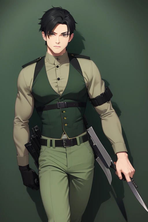 Aiden Flynn 30 build slim muscles military uniform open green vest military print green pants black hair black eyes dark skin tattoo holding a knife