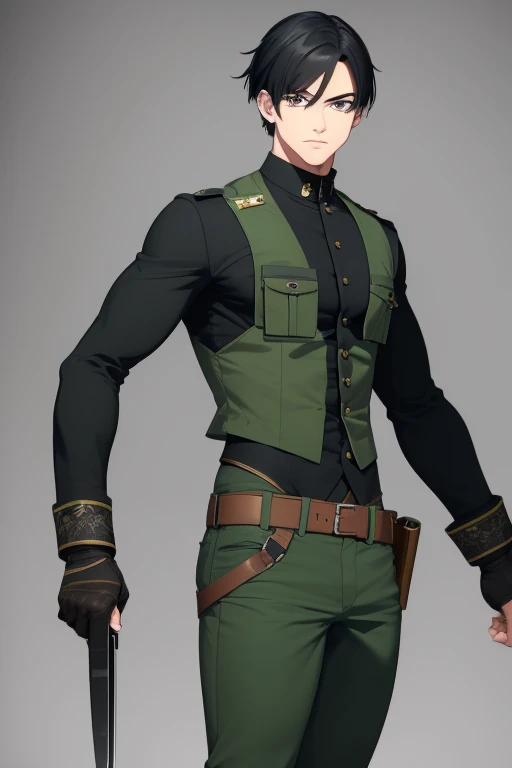 Aiden Flynn 30 build slim muscles military uniform open green vest military print green pants black hair black eyes dark skin tattoo holding a knife