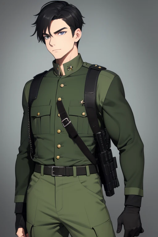 Aiden Flynn 30 build slim muscles military uniform open green vest military print green pants black hair black eyes dark skin tattoo holding a knife