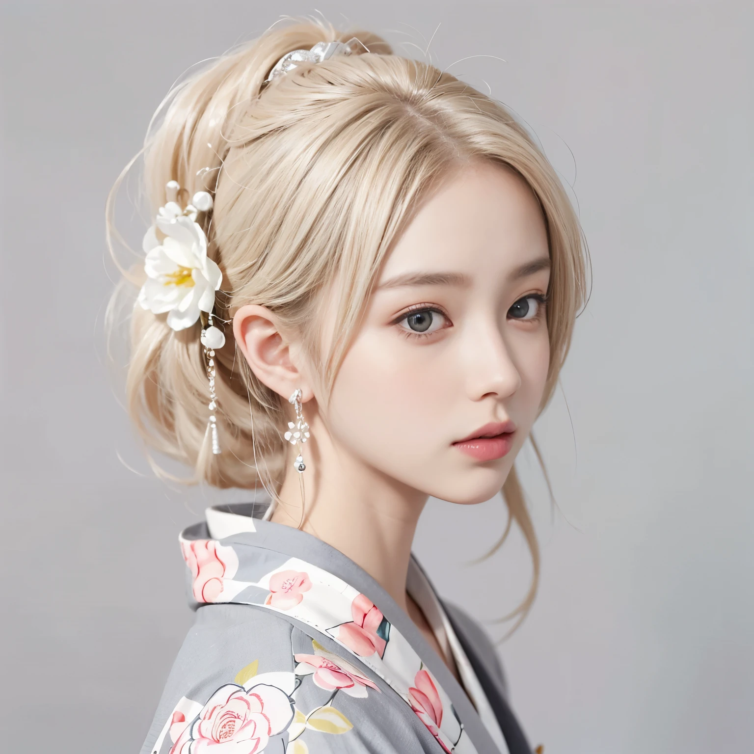 8K)、(Best image quality:1.5)、gray background、face close up、1girl、masterpiece、Delicate and sharp eyes、brown eyes、power of eyes、delicate face、cup、fascinating face、platinum blonde hair、Half length wave、Japanese-style kimono、white kimono、Kimono that shows the collarbone、female、collarbone emphasis、earring、