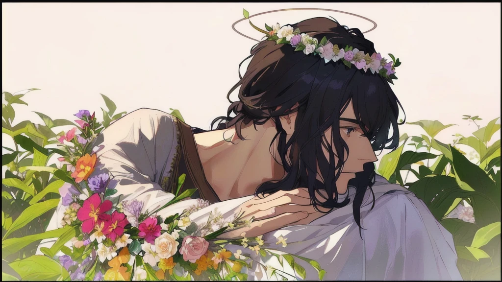 there is a man with a hat and a flower crown on his head, turban of flowers, covered in plants, flower head, flower , still from a music video, male with halo, photographic still, the flower crown, very very low quality picture, enes dirig, with flowers, man with a crown, photographed on colour film, wearing a floral crown